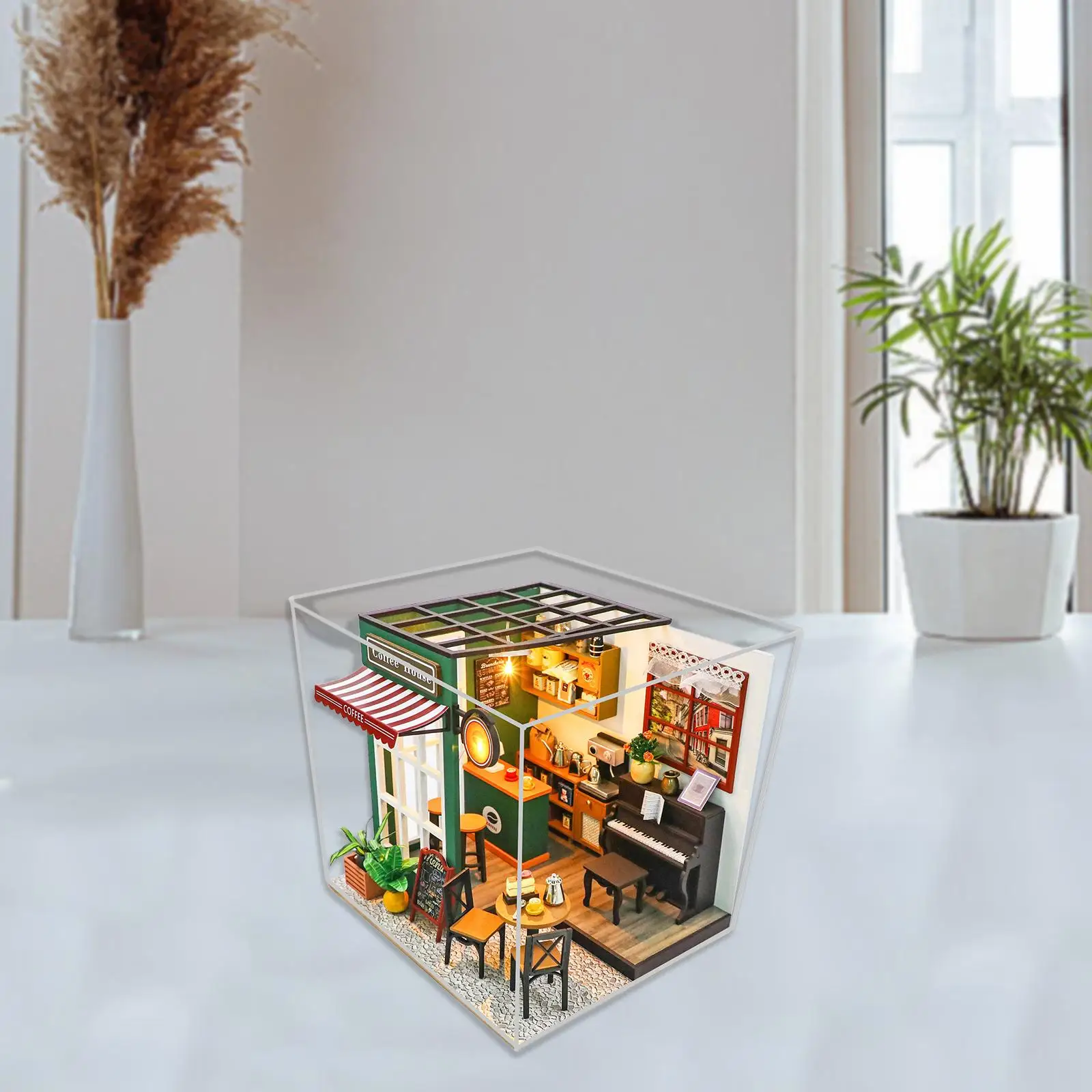 Miniature Coffee Shop Building Kits Dustproof Cover Mini House Making Kits for Family Friends Kids Boy Girls Holiday Gifts