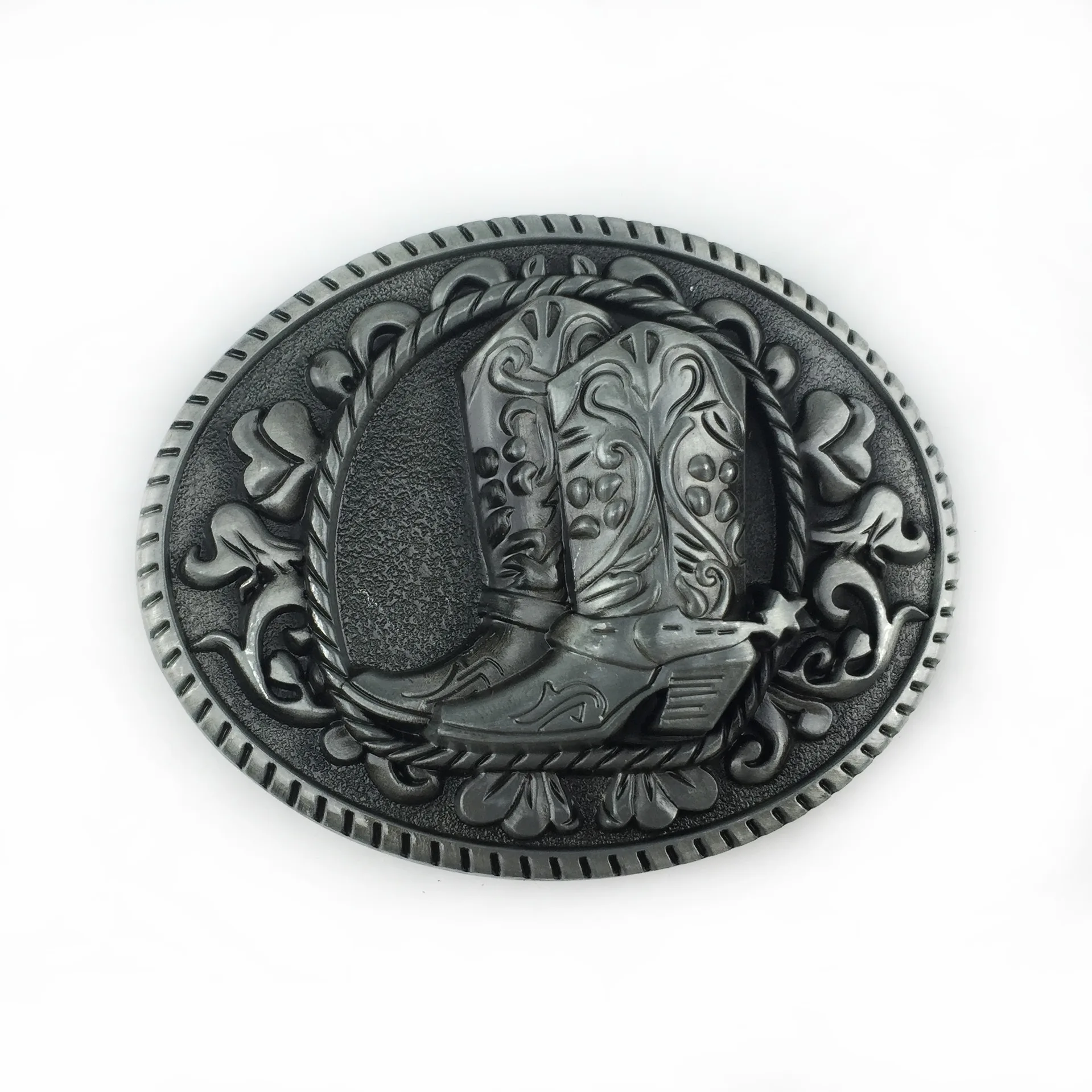 Antique Silver 3D Western Cowboy Boots Western Belt Buckle Floral Engraved Oval Metal Buckle For Men Dropshipping