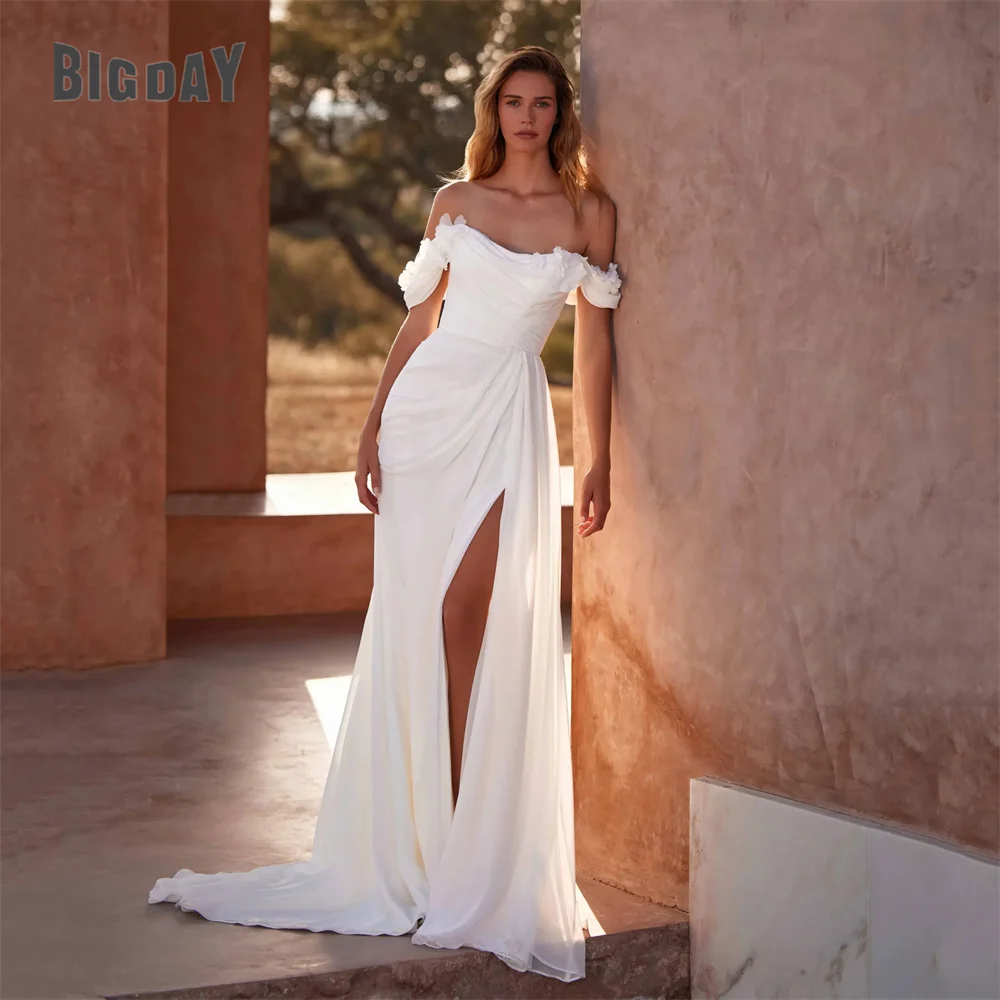 

BIGDAY Pleat Off The Shoulder Mermaid Wedding Dress Flowers Boat-Neck Open Back Split Bridal Gown Vestido De Noiva Customized