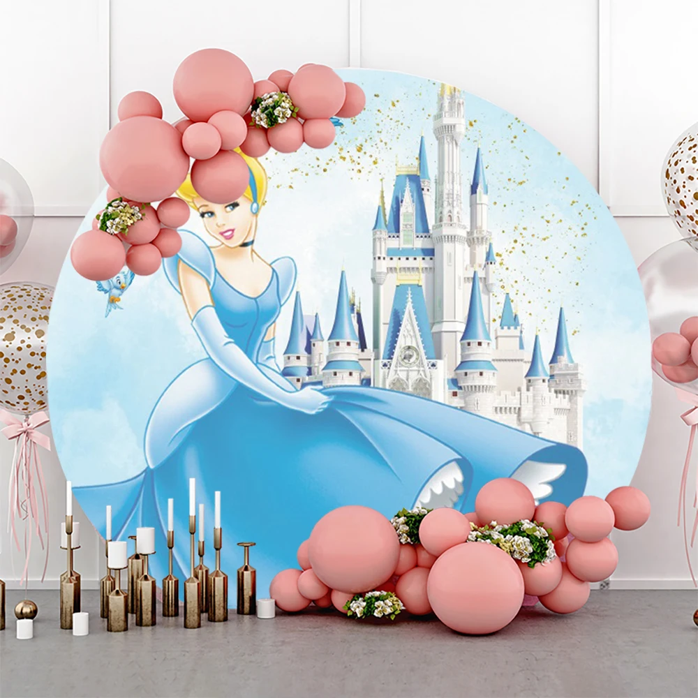 Cinderella Castle Round Backdrop And 3 Cylinder Covers Background Photography Baby Shower Princess Girl Birthday Party Decor\