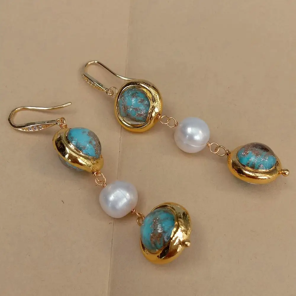 Y·YING Cultured White Pearl Blue Murano Glass Dangle Hook Earrings Handmade For Women Party