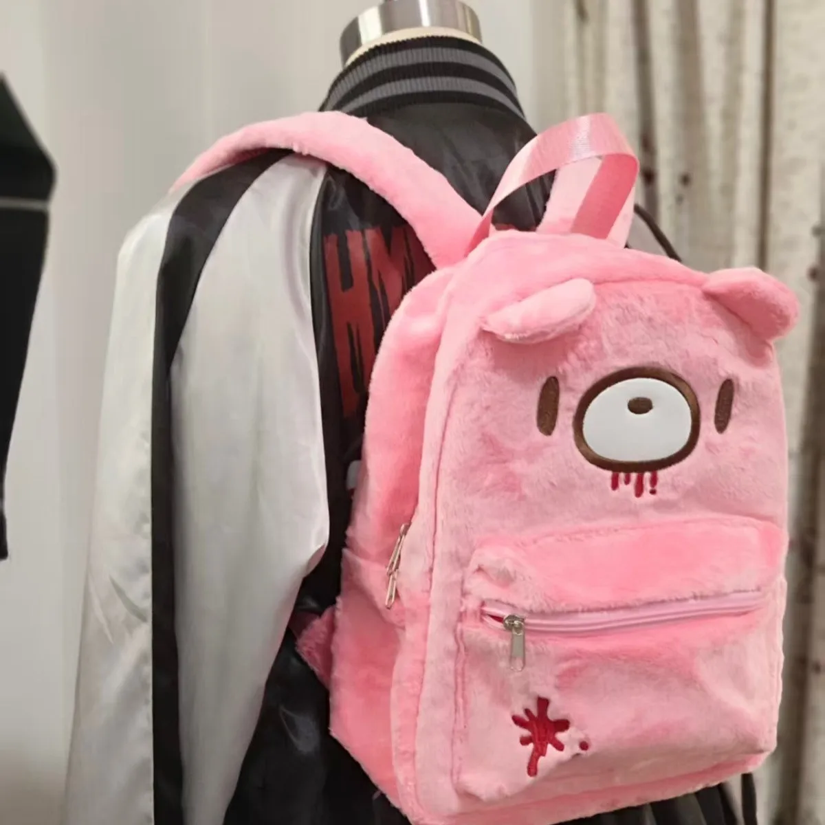 Cute Bear Plush Backpack Kawaii Blood Embroidery Large Capacity School Bag Cute Fuzzy Daypack for Women Girls Travel Casual