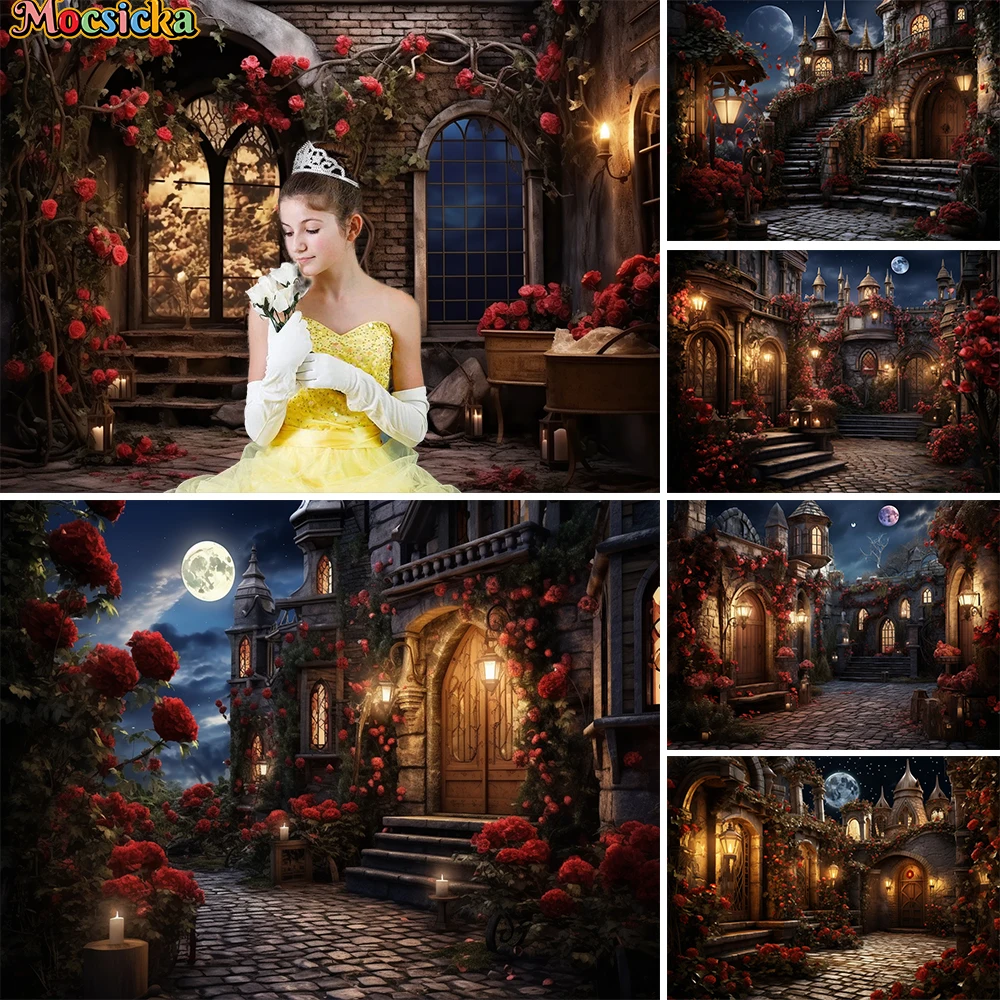 

Valentine's Day Night Backdrop Poster Red Rose Castle Moon Retro Background Booth Lover Adult Portrait Studio Photography Props