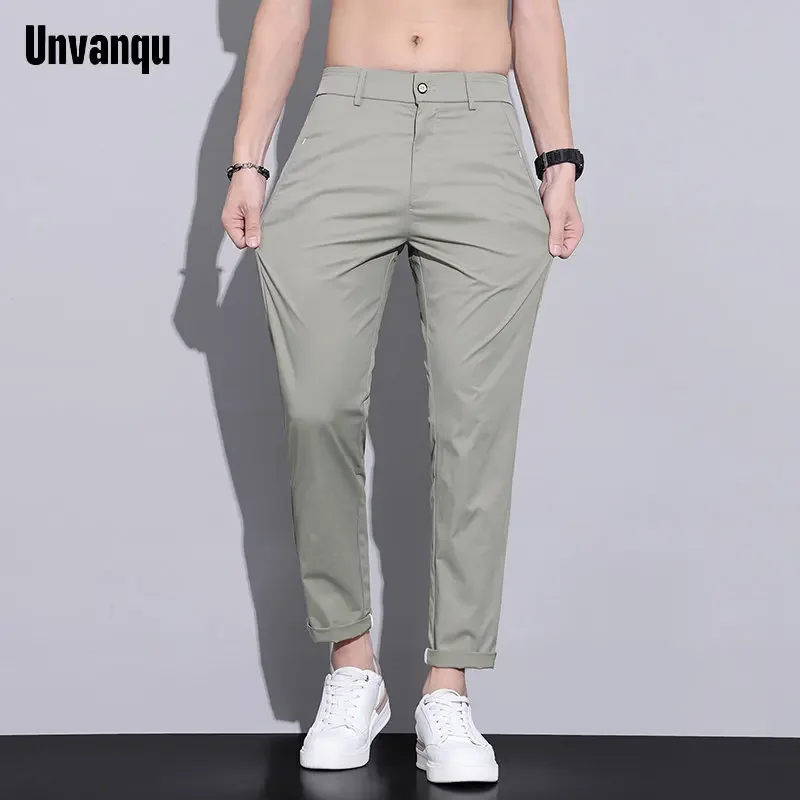 UNVANQU Summer Cotton Jogger Chic Men's Button Pants Harajuku Casual Korean Slim Sweatpants Male Khaki Green Running Trousers