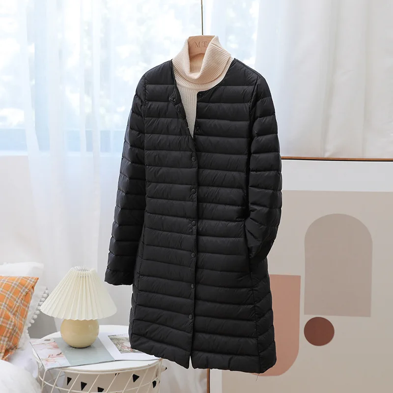 Piumino da donna leggero in piumino d'anatra lungo girocollo moda cappotto invernale caldo outfit casual abbigliamento donna chaqueta plumas JK-247