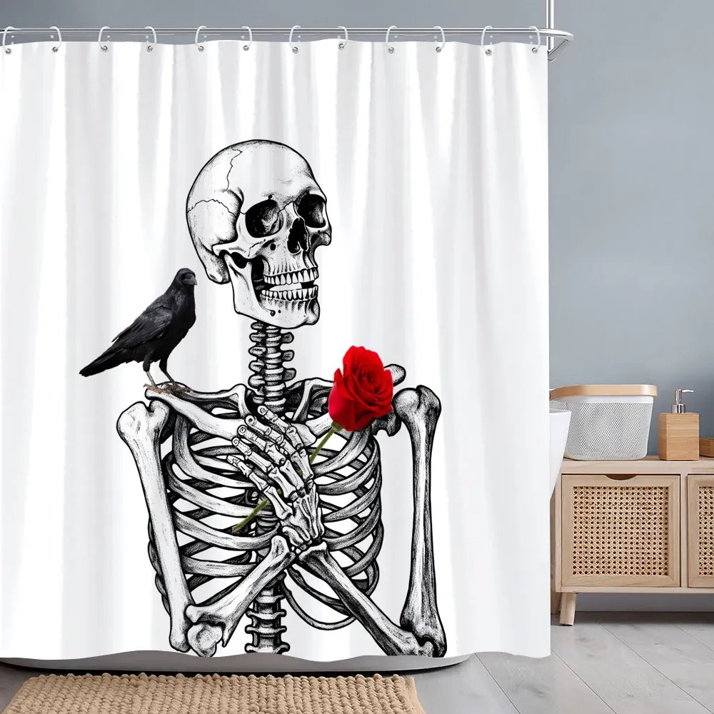 Halloween Totenköpfe Rosen Duschvorhang Horror Totenköpfe Krähen Rote Blumen Polyester Stoff Duschvorhänge Badezimmer Dekor mit Hoo