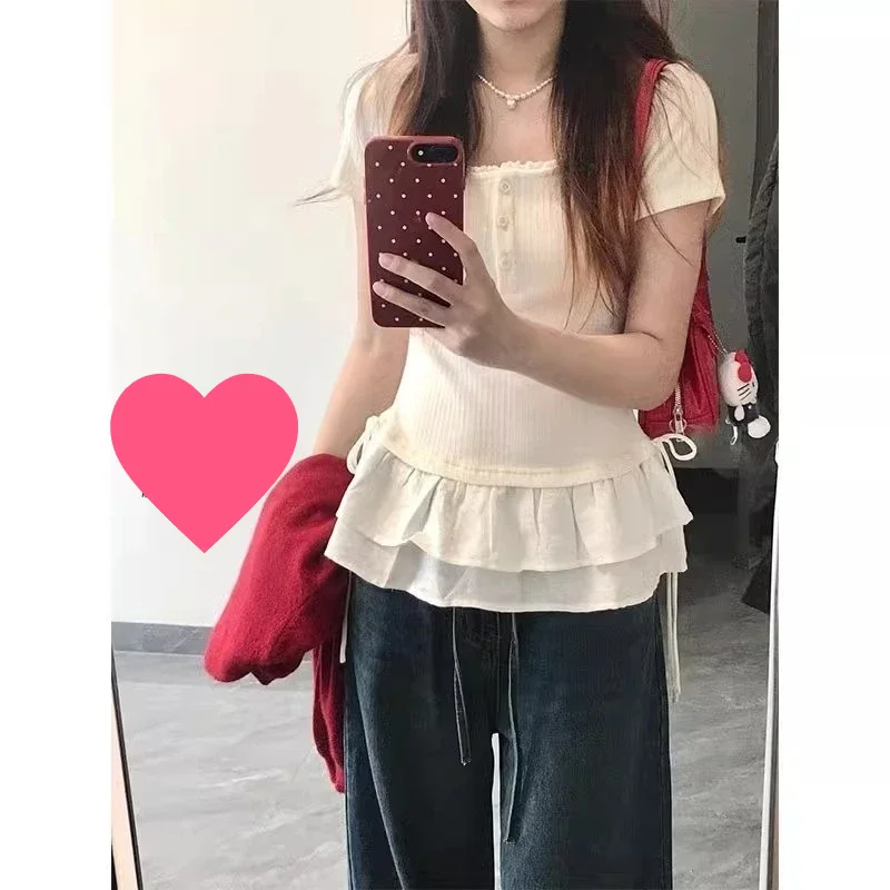 

Korean Lace Trim Tie-front Short Sleeve T-shirt Ins Slim Fit Versatile Solid Color Top New Fashion Summer Women's Casual Shirt