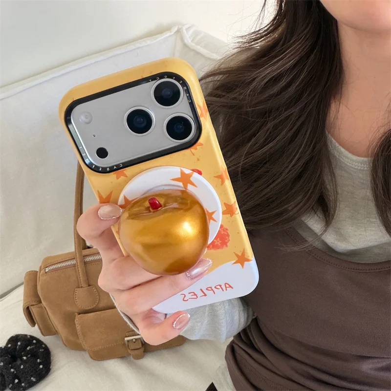 

Korean Orange Star Magnetic Phone Case For iPhone 17 Pro 16 15 14 Pro Max Cover with Gold apple Stand Holder Cute Cases Hard Fun