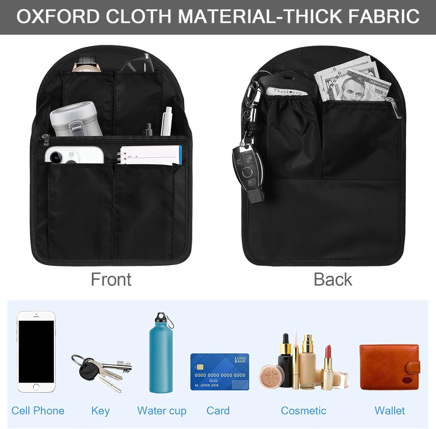 إدراج منظم حقيبة الظهر، أسود، 7.9 بوصة طول × 4.8 بوصة عرض × 11 بوصة ارتفاع، نايلون مقاوم للماء، يناسب حقائب الظهر الصغيرة #3