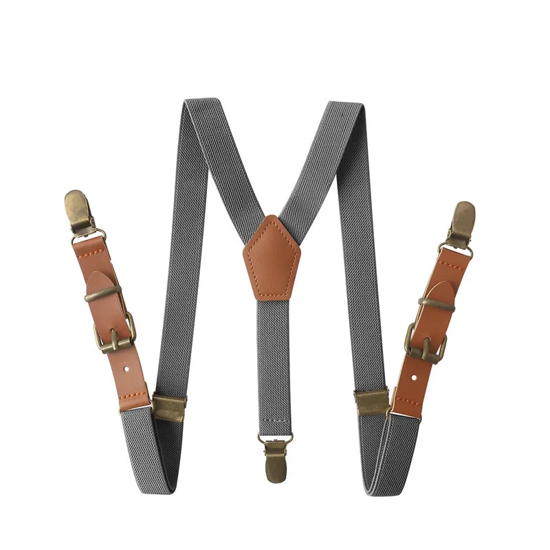 Vintage Brown Leather Alloy 3 Bronze Clips Kid Ring Bearer Vintage Casual Suspenders Western-Style Trousers Boy\'s Braces Strap