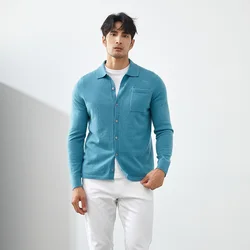 Cardigã de malha de manga comprida masculino, suéter 100% caxemira, camisa monocromática, jaqueta com gola polo, casual, outono, inverno, novo