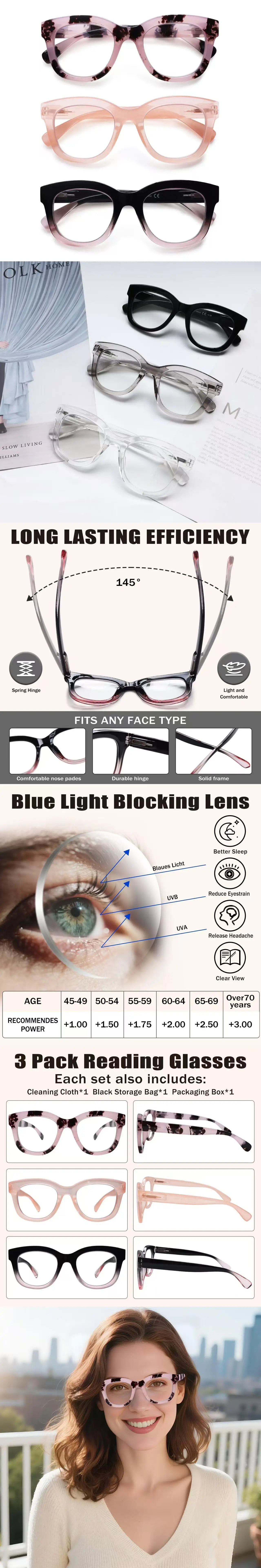 3er-Pack Katzenaugen-Lesebrillen mit Blaulichtfilter, Federscharnier, Leichtgewicht, Presbyopie-Brillen für Damen und Herren, HD-Gläser 0~+400 – Detail 1