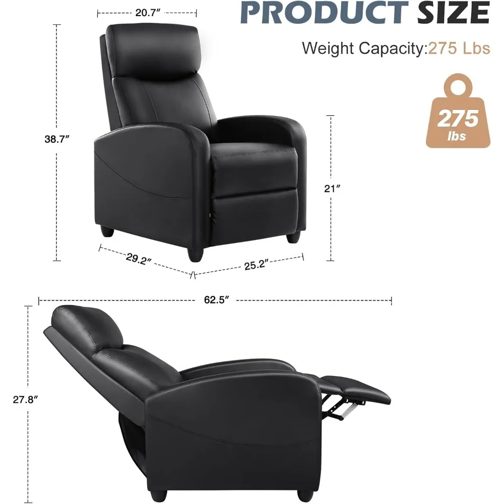 Recliner Chair for Adults, Massage PU Leather Small Recliner Home Adjustable Modern Reclining Chair with Padded Seat Backrest