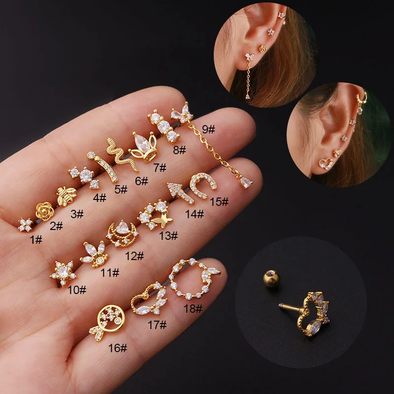 

36pcs/lot Stainless Steel Ear Stud Bone Nail Zircon Pierced Earring Screw Twist Ball 16G Heart Star Flower CZ Gem