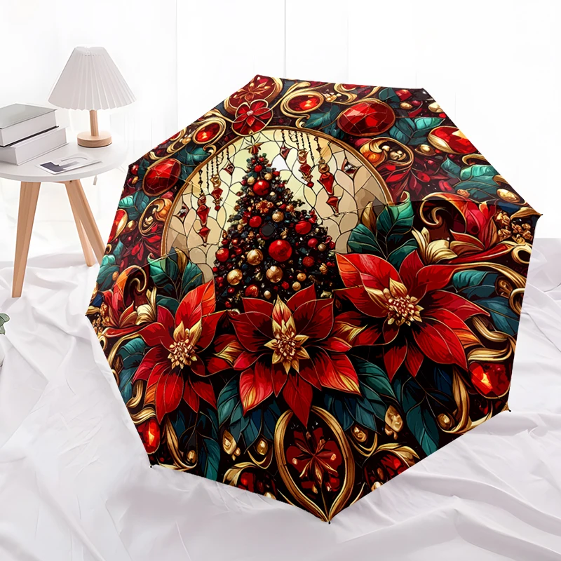 Christmas Design Folding Umbrella - Fashionable Auto-Open Design 8 Iron Ribs Plastic Handle Foldable Sunshade，Perfect Gifts