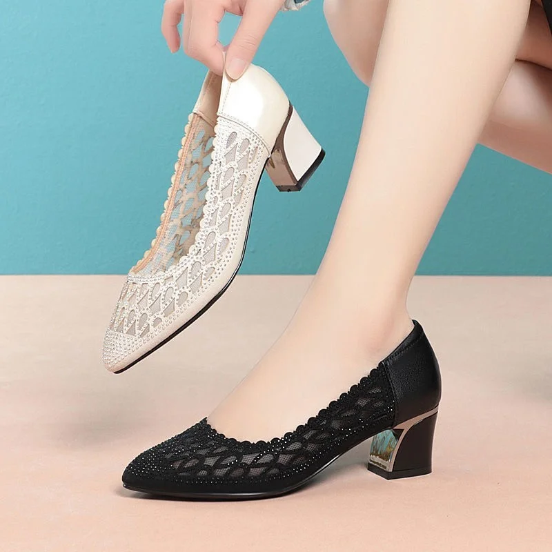 New 2023 Fashion Pointed Toe Women\'s Pumps Elegant Medium Heel Shoes Summer Lady Hollow Mesh Breathable Square Heel Singe Shoes