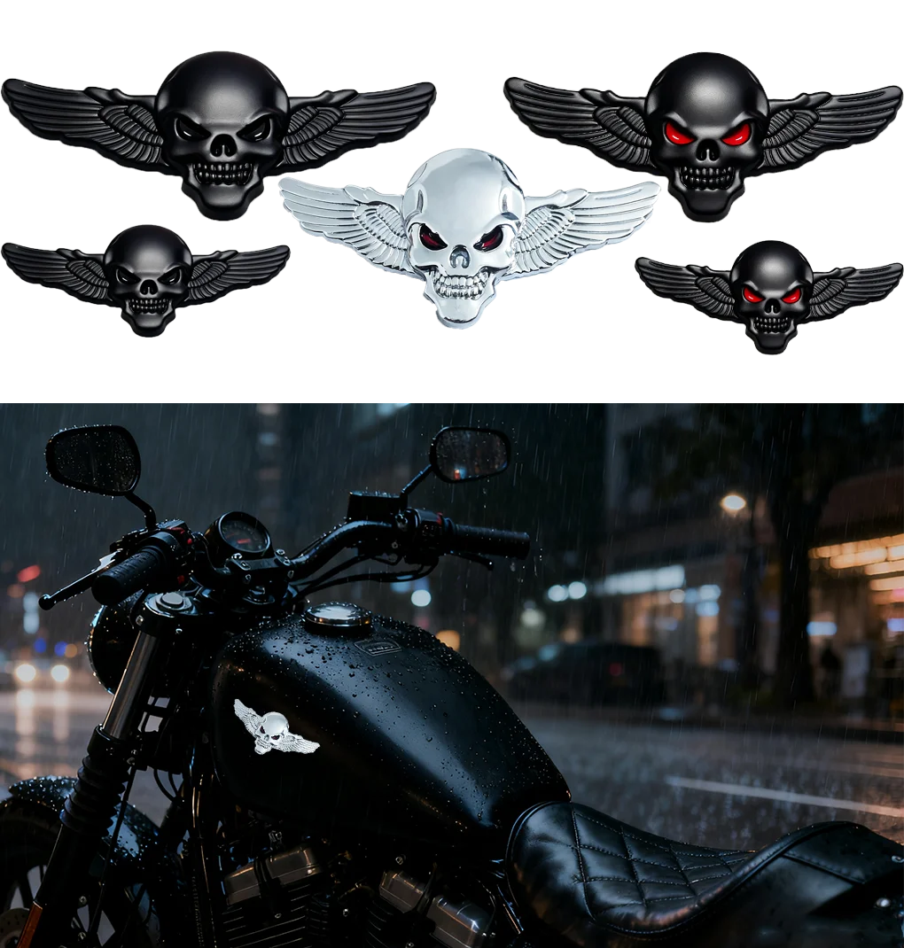 Skull with Wings Metal Decal for Motorcycle - Universal Fit Front/Tank/Rear Spoiler - Cool Rider Decor Sticker