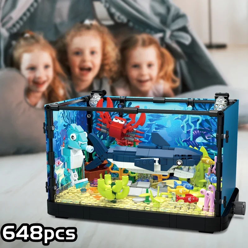 Juego de bloques de construcción de tanque de peces con luz, medusas de vida marina y Tortuga, tanque ecológico, juguetes, regalos para niños y niñas