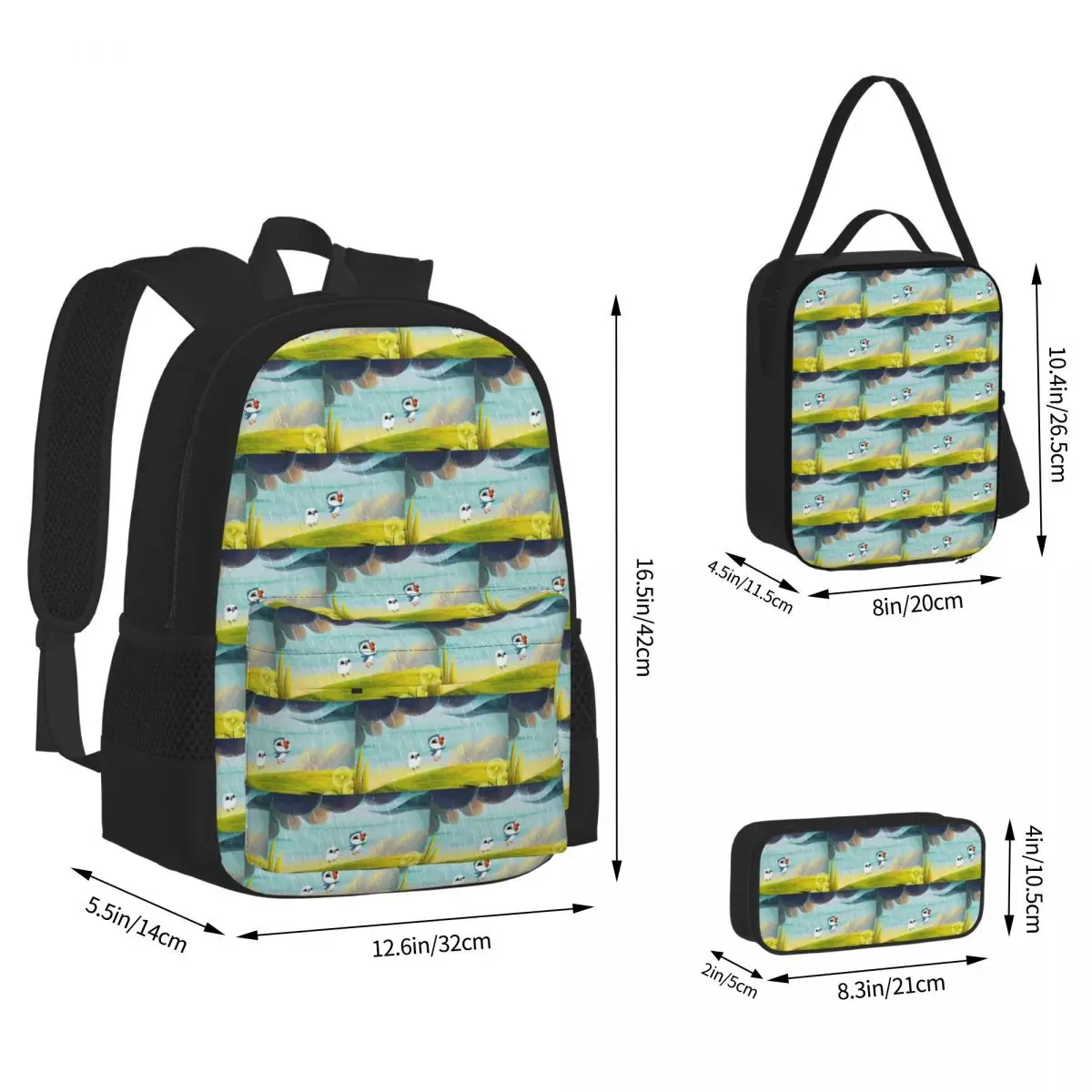 Puffin Rock And New Friends Cartoon Animation Backpacks Bookbag School Bags Children Rucksack Lunch Bag Pen Bag Three-Piece Set