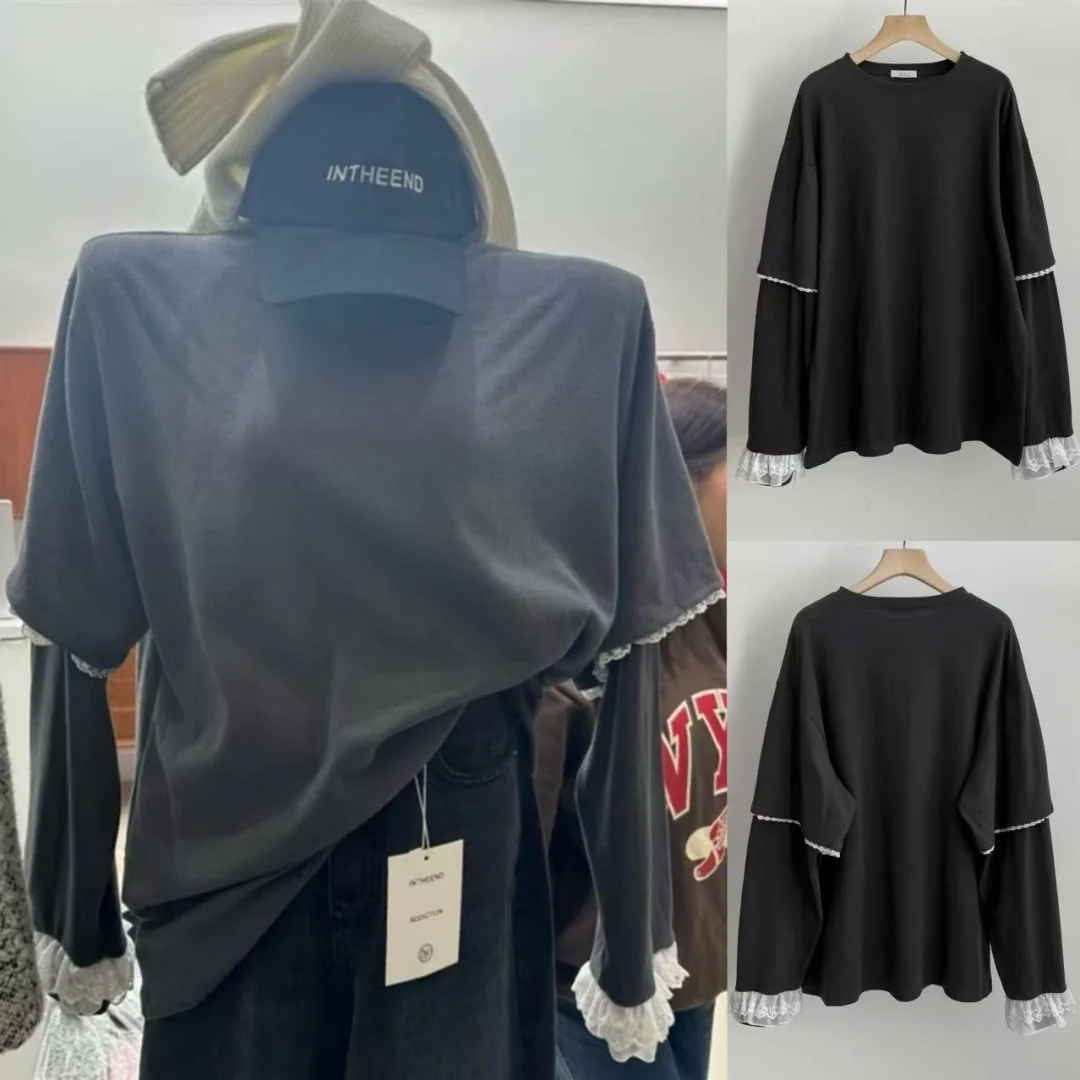 

Ретро Sweet Spicy Girl Sle, повседневная кружевная лоскутная свободная длинная футболка с плечами, весенний сезон, женский модный топ