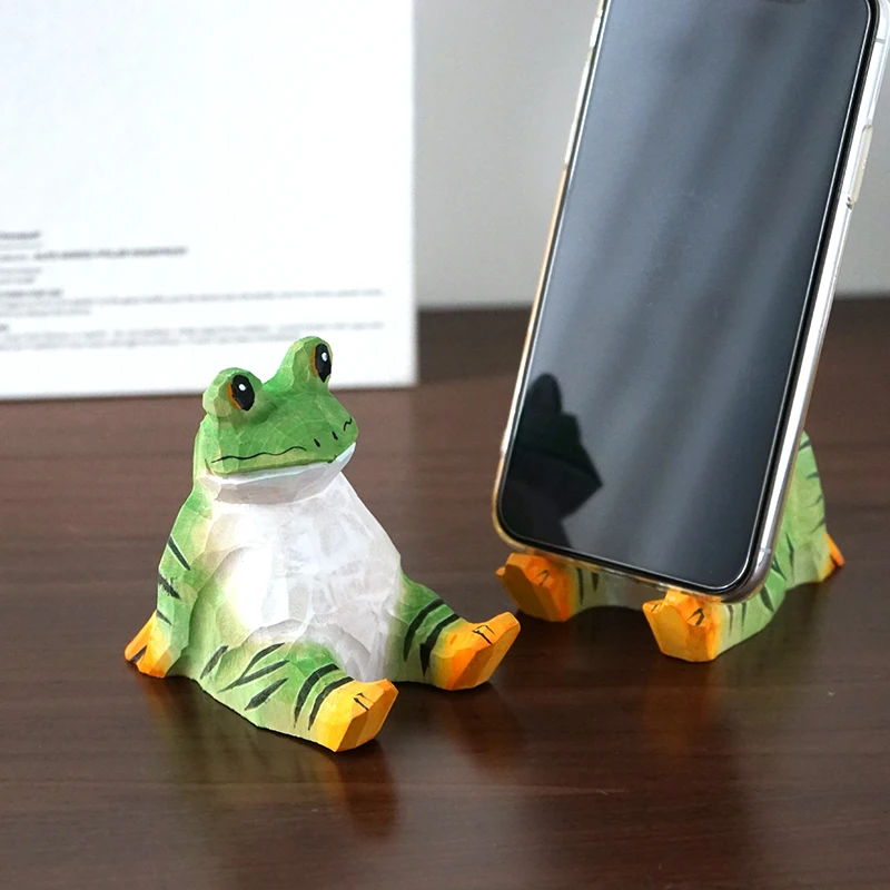 Mobile phone holder handmade wood carving leisurely frog animal cartoon wood healing system table practical decoration ornament