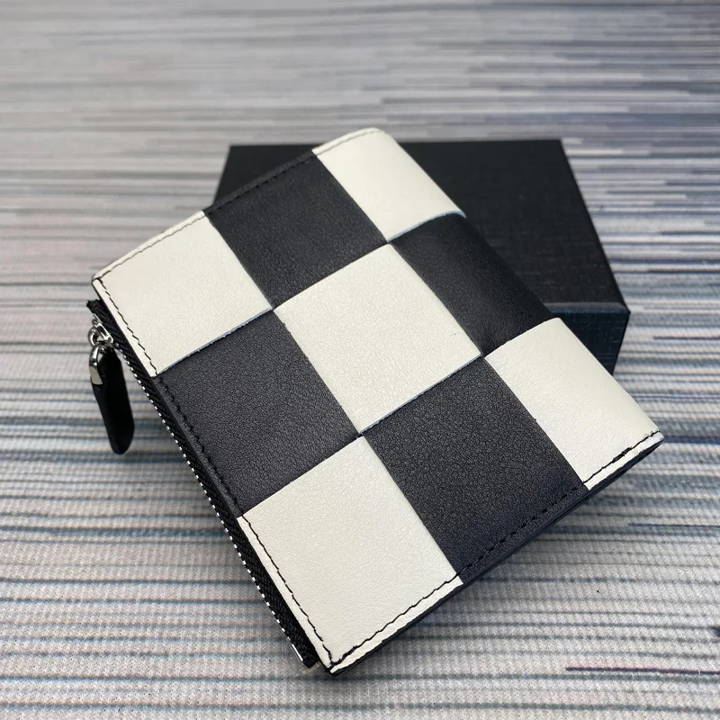 New Women Genuine Leather Wallets Casual Woven Plaid Folding Wallet Coin Purse Card Holder Vintage Men's Genuine Leather Wallet