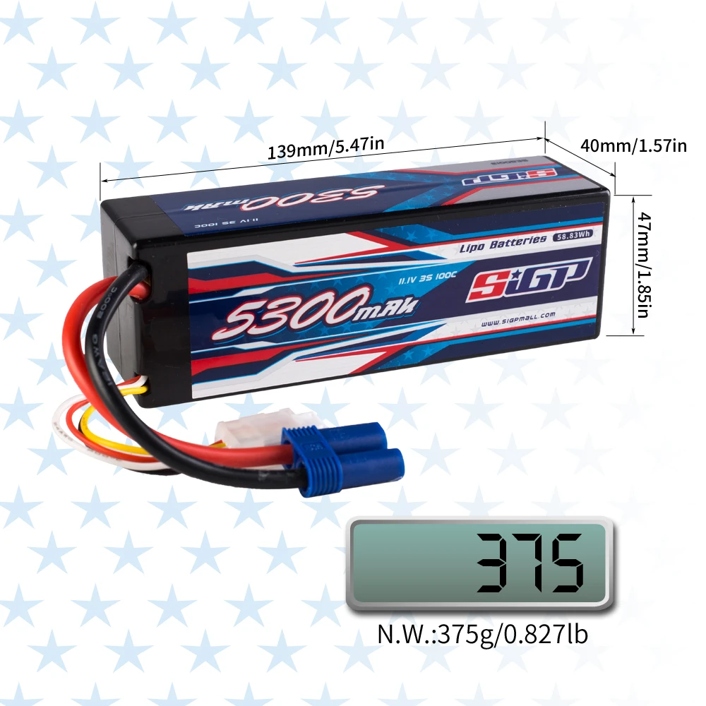 SIGP 3S 11.1V 5300mAh Lipo Battery 100C Hard Case met Deans EC5 Plug for RC Car Truck Boot Vehicles Tank Buggy Racing Hobby