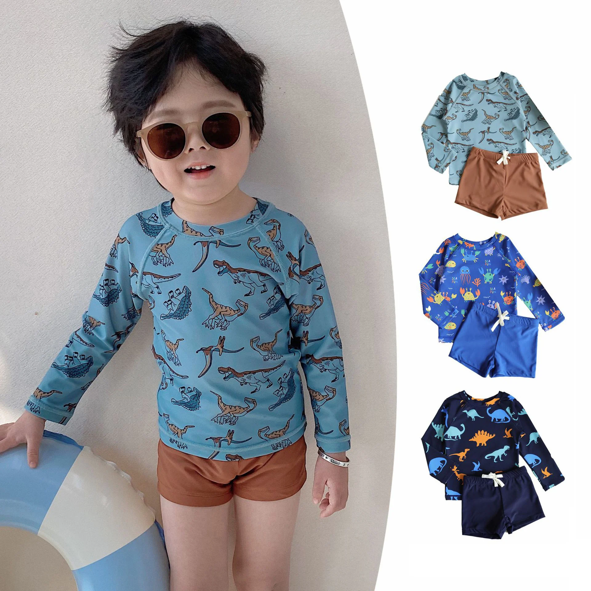 1-7T Infant Boy Swimwear Set Dinosaur Print Toddler Kid Summer Clothes Set Long Sleeve Top Shorts Beach Holiday Swimsuit Outfit
