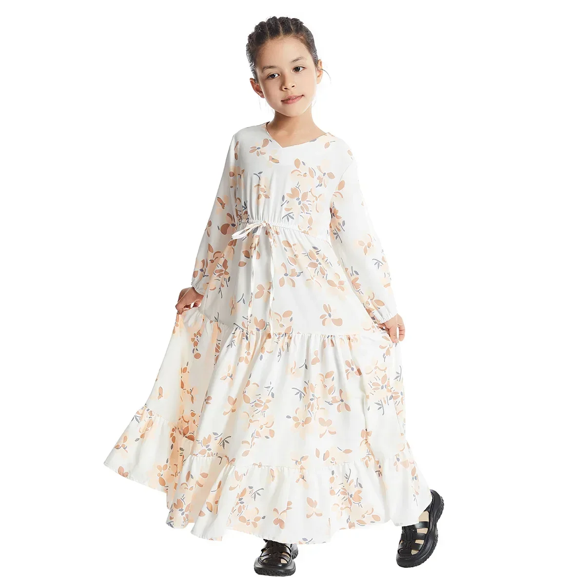 Kids Abaya Dubai Kaftan Muslim Long Dress Turkish Islamic Long Sleeve Floral Print Dresses Girl V Neck Vestidos Children Clothes