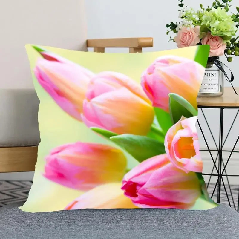 Tulip Flower Pillowcase Bedroom Home Office Decorative  Square