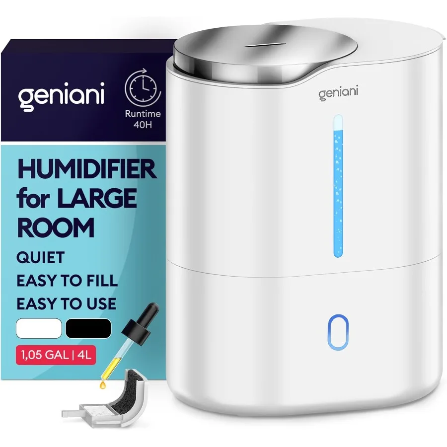 

Ultrasonic Cool Mist Humidifier for Bedroom Large Rooms Home 4L - Easy Fill Clean Humidifier for Plants w/Auto Shut-off 40H Run