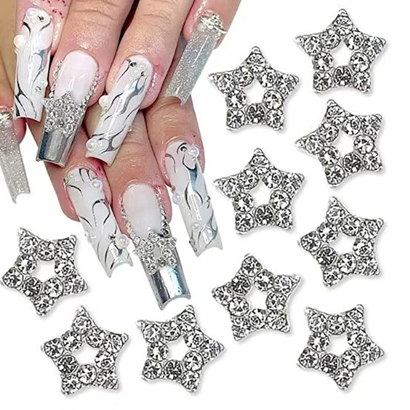 10pcs 3D Silver Pentagram Star Nail Art Alloy Rhinestone Luxury Metal Star Charms Nails Jewelry Gem Manicure Nail Art Decoration