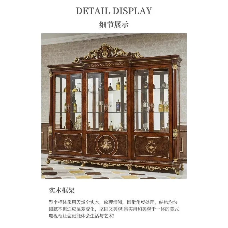 European retro full solid wood carving flower wine cabinet living room glass door display cabinet fully transparent decorative c