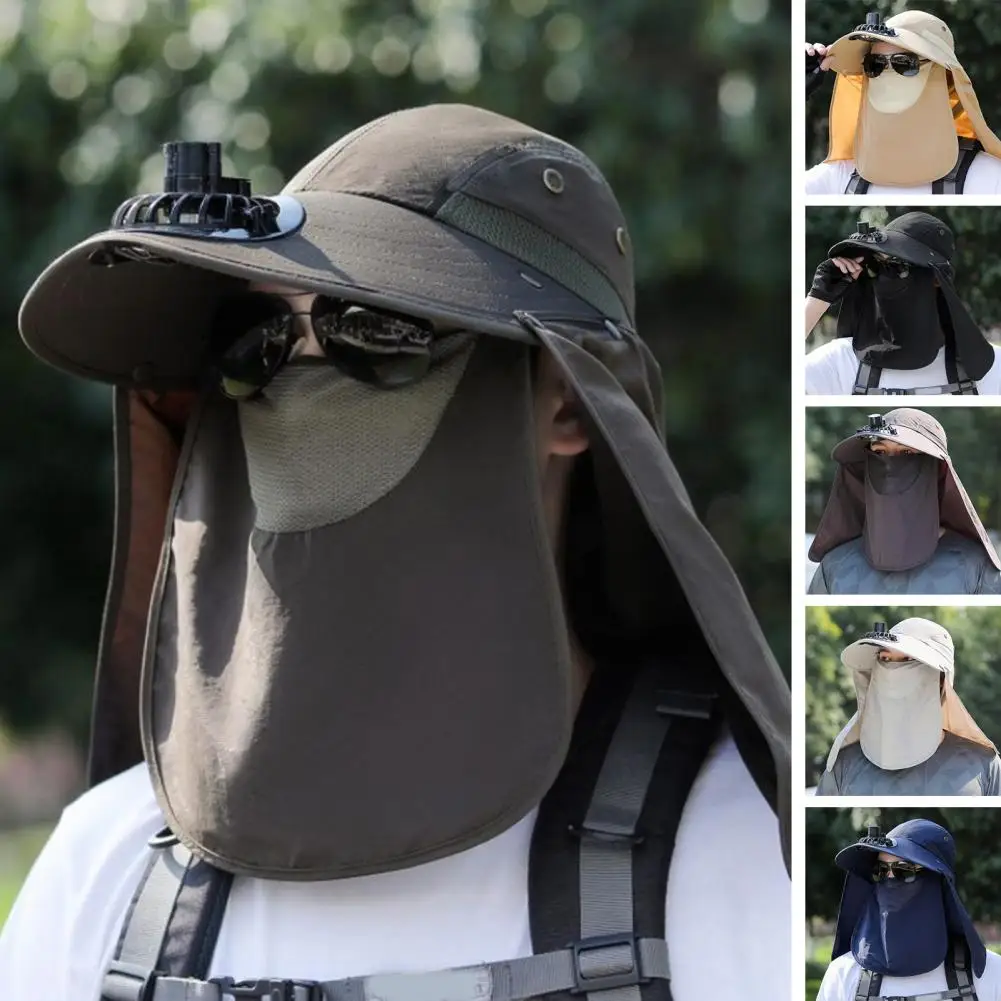 Men Fisherman Hat Cooling Fan Face Hood Full Protection Sunshde Anti-UV Breathable Wide Brim Ventilation Heat Relief Outdoor Cam