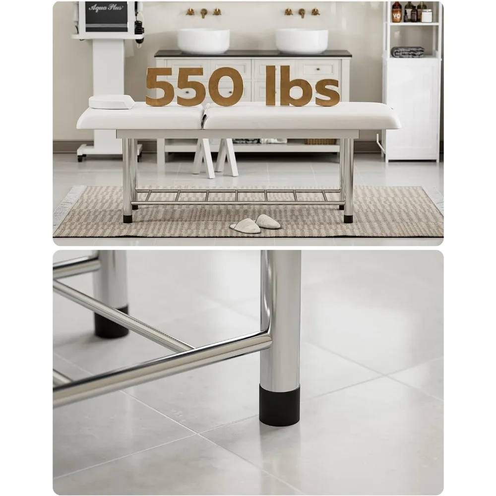 طاولة تدليك ثابتة احترافية 550 رطل، سرير امتحان عريض عالي التحمل للعلاج، مسند ظهر قابل للتعديل، مسند رأس قابل للإزالة،