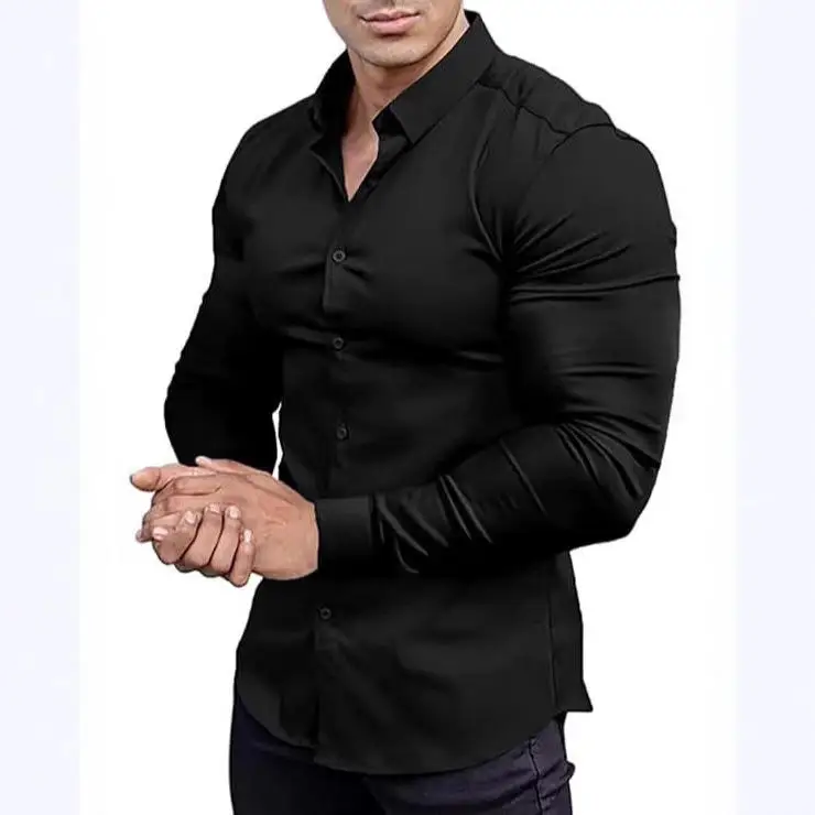 

High Elastici Men's irt No Ironing Anti-Wrinkle Sl European Size ular Long Sve Printed PU Leather Casual irt