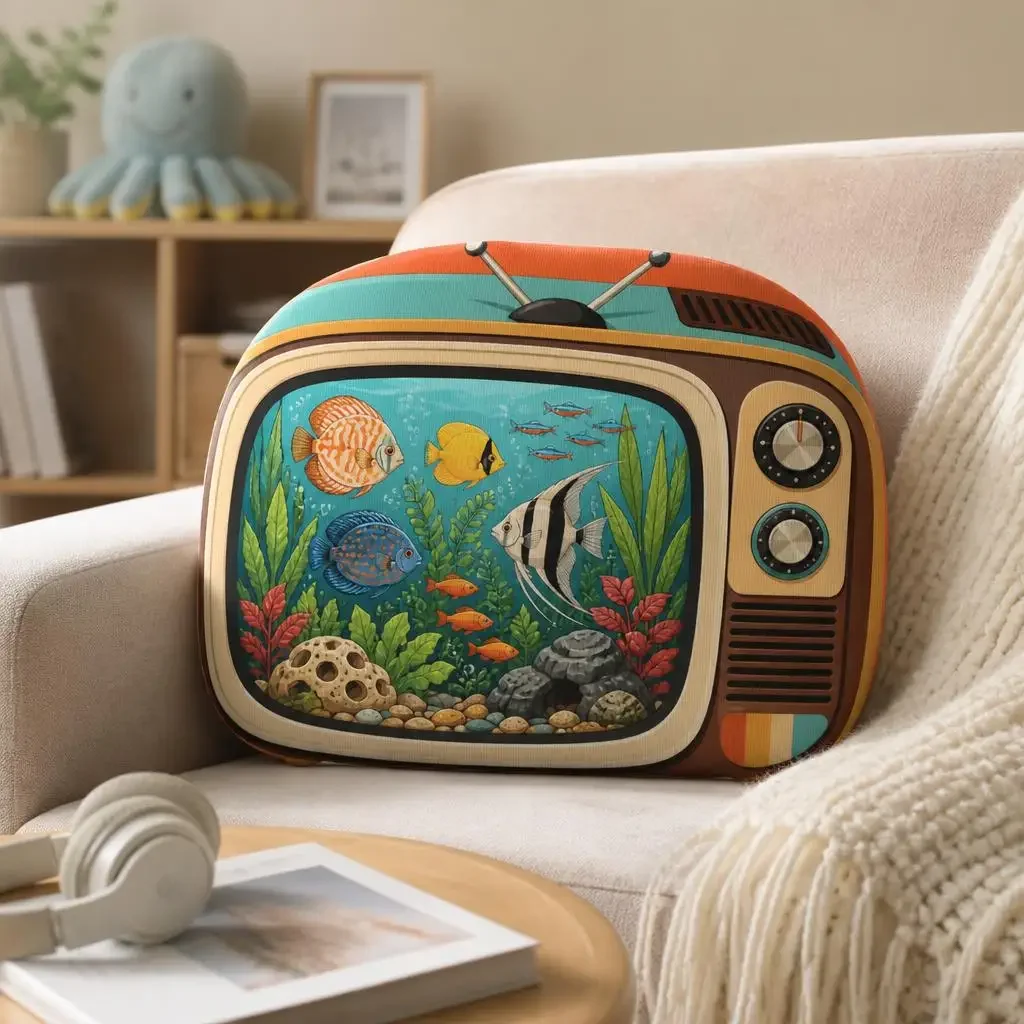 Retro TV Aquarium Plush Pillow Seventies Tropical Fish Cushion Shaped Stuffed Throw Pillow Ocean Home Decor Gift Living Room