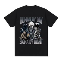 Human By Day Sigma By Night Funny Wolf Graphic Unisex Men Women Clothing short sleeve Round Neck Printing Pullover T-Shirt 33103