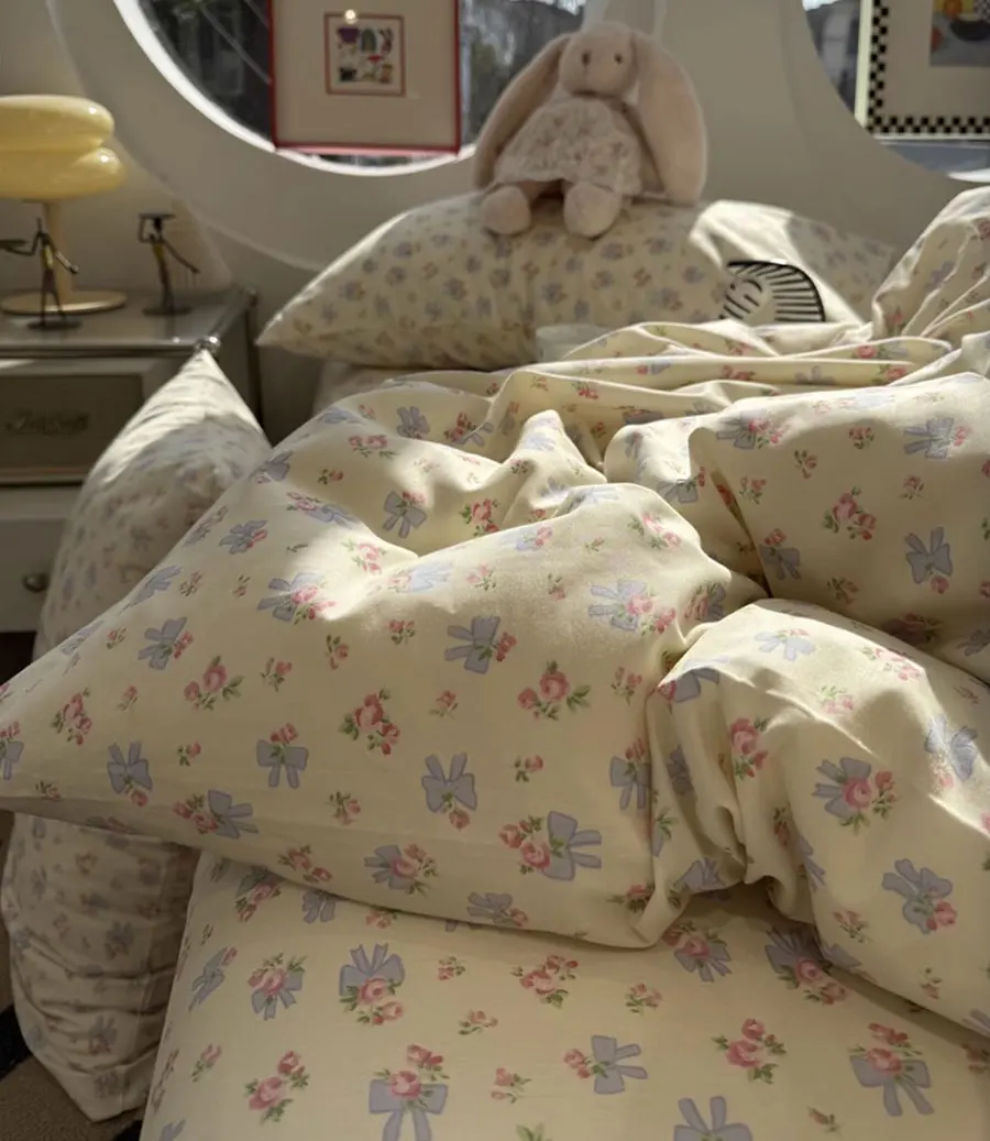 Bonito doce arco flor conjunto de cama único duplo, gêmeo rainha completa romântico adorável algodão casa têxtil folha fronha colcha capa