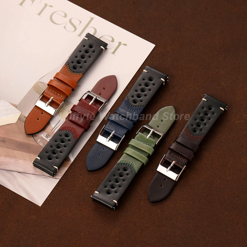 Fashion Vintage Men Women Oil Waxed Leather Strap 20mm 22mm Quick Release Spring Bar Breathable Leather Watchbands