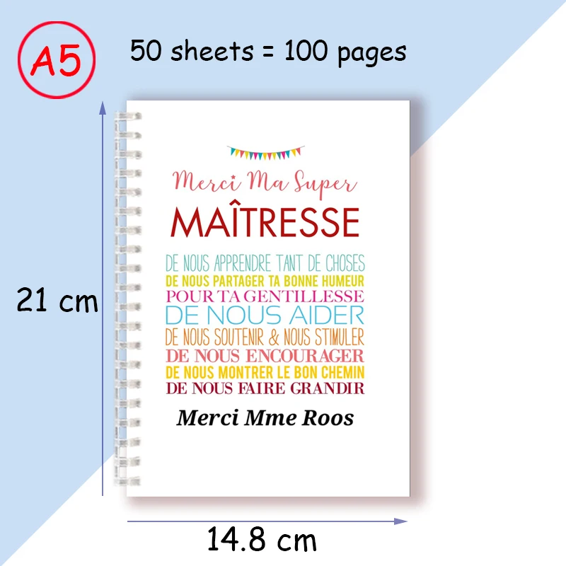 A5 Spiral Notebook Merci Maitresse French Letter Word Teacher\'s Day Gift Thank You Super Atsem Maîtresse For Writing Note Book