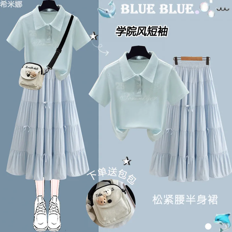Sweet College Style Women's Suit 2026 Summer New T-shirt Top+casual Skirt Two-piece Set