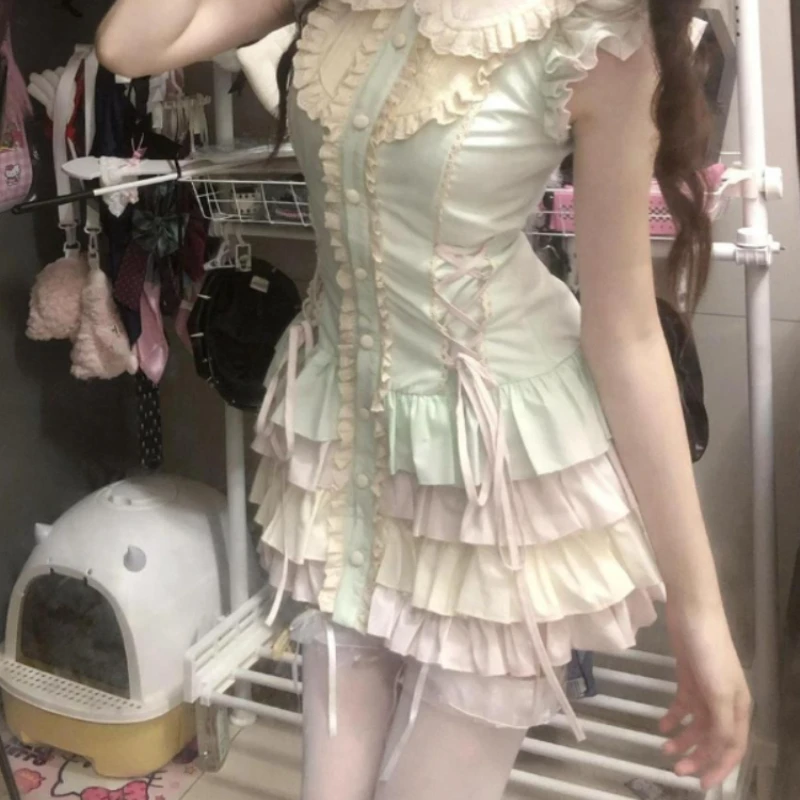 2000年代風 カワイイ ロリータ風 レース スリム ショート丈 パーティードレス Y2K 原宿系 ワンピース 韓国風 夏 ノースリーブ ケーキミニドレス