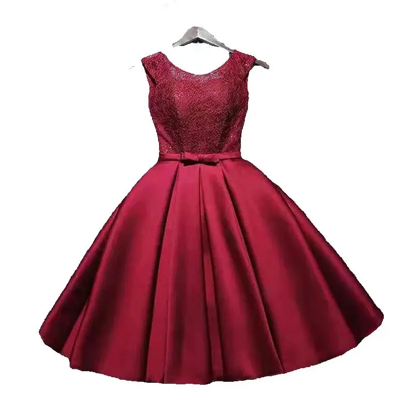 Vestidos de fiesta de bienvenida cortos personalizados champán vino rojo gris elegante lentejuelas con cordones vestidos de graduación vestido de dama de honor de satén