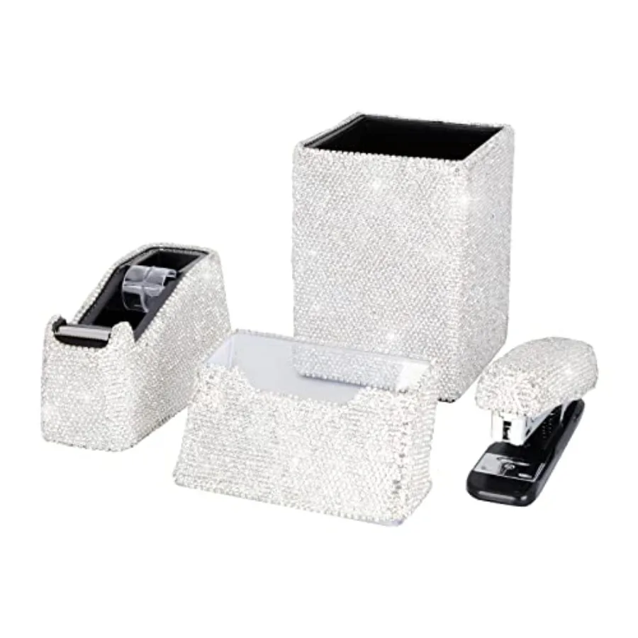 

Роскошный настольный органайзер ручной работы с кристаллами и стразами: подставка для ручек, держатель для карточек, диспенсер для скотча и степлер