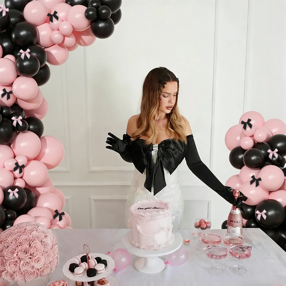 Rosa-Schwarzer Ballon- und Schleifen-Girlanden-Bogen-Set, für Coquette-Geburtstag, Hochzeit, Babyparty, Brautparty-Dekorationen – Detail 6