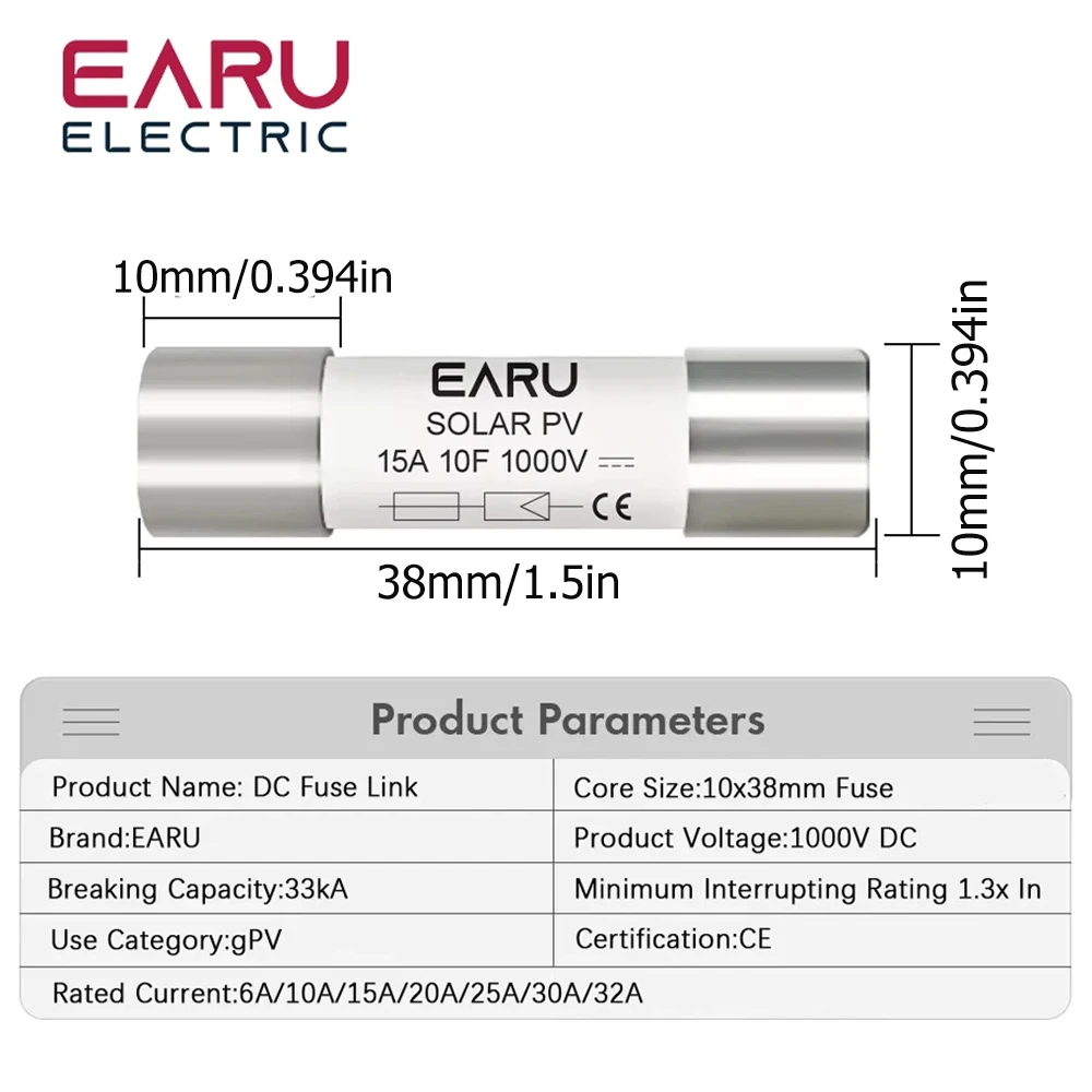 1PC Solar DC 1000V PV Fuses 6A 10A 15A 20A 25A 30A 32A High Voltage for Solar System Protection