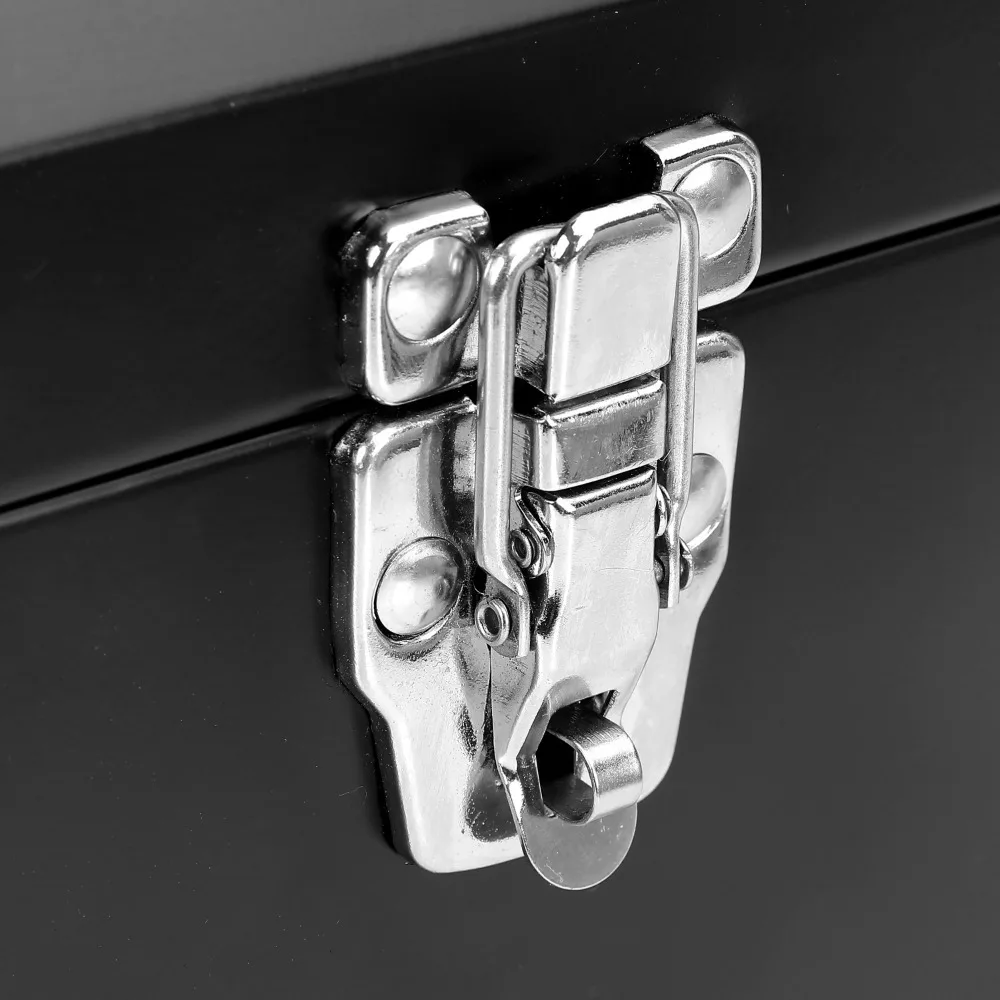 16-inch black metal tool box with removable tool tray for durable and convenient storage space for professional craftsmen