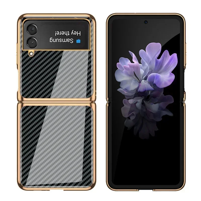 Luxury Tempered Glass Carbon Fiber Texture Metal Plated Flip Case for Samsung Galaxy Z Flip6 Flip5 Flip4 Flip3 5G Back Cover