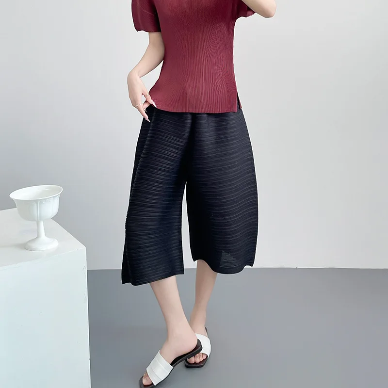 Miyake Pleated 2025 Summer Outfit New Spring Pants Casual Pants Pleated Clothes Solid Color Loose Plus Size Seven Quarter Pants